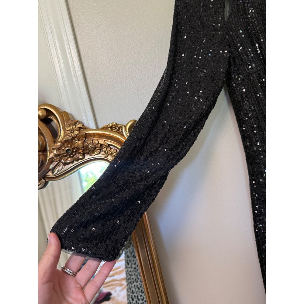 Black Sequin Long Sleeve Maxi Dress Shoulder Cut Out Side Slit Formal Gown - Picture 5 of 16